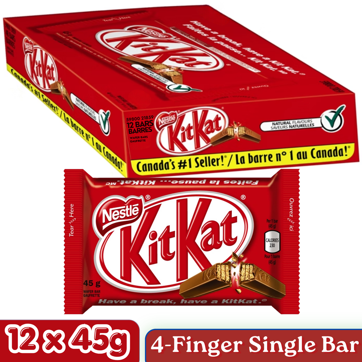 Kit Kat 4-Finger Single Milk Chocolate Wafer Bar — Pack of 12 × 45g