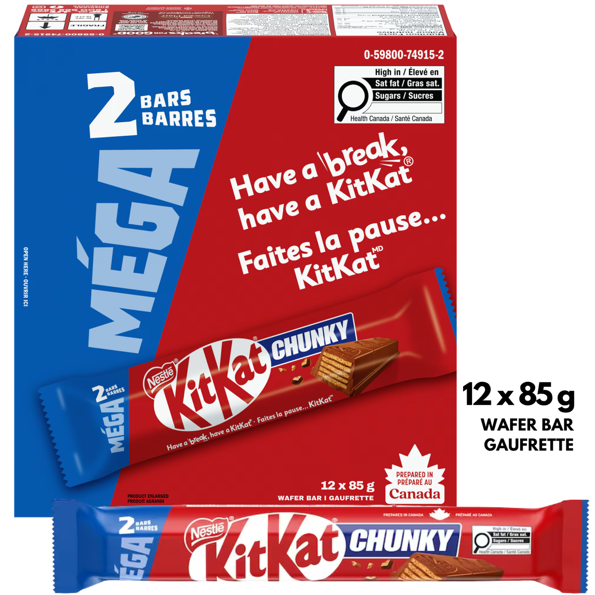 Kit Kat Chunky Mega Milk Chocolate Wafer Bars — Pack of 12 × 85g (2 Bars per pack)