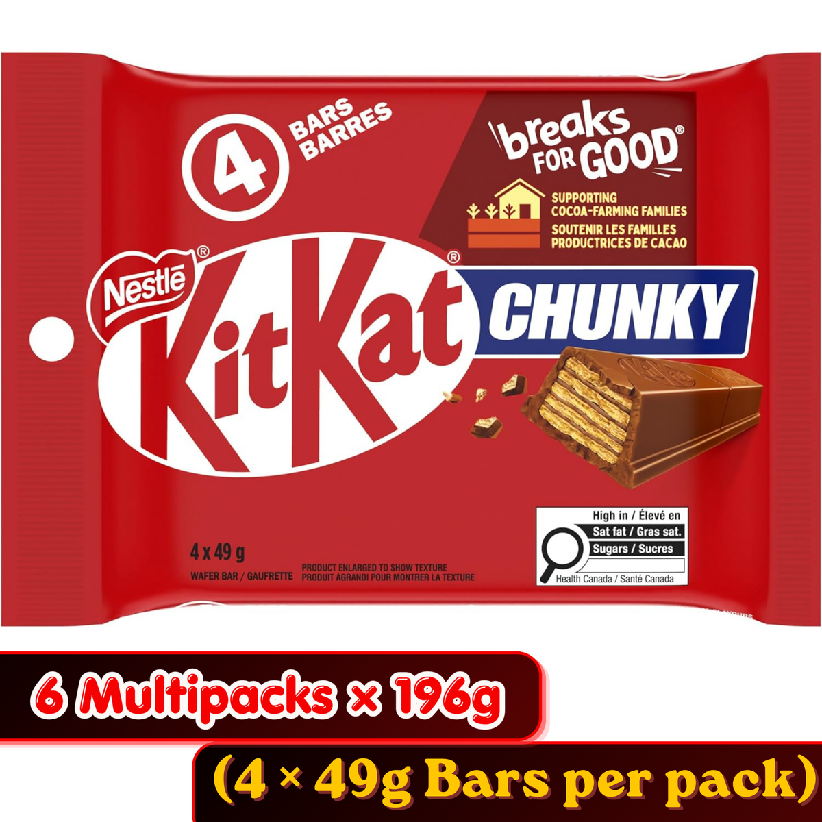 Kit Kat Chunky Milk Chocolate Wafer Bars — Pack of 6 × 196g Multipacks (4 × 49g Bars per pack)