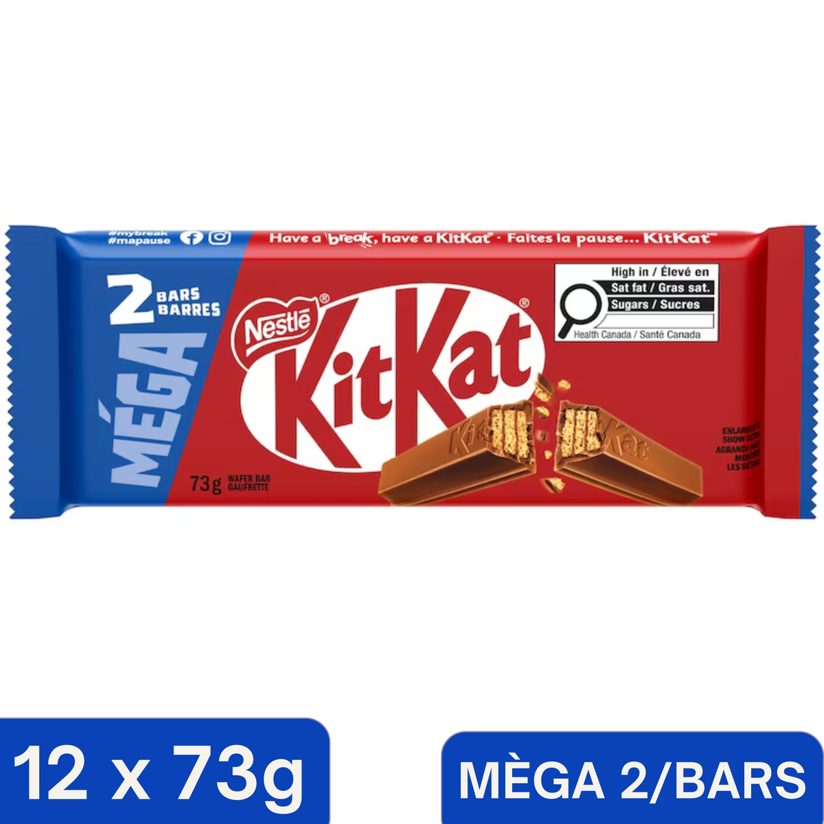 Kit Kat Mega King Size Milk Chocolate Wafer Bars — Pack of 12 × 73g (2 Bars per pack)