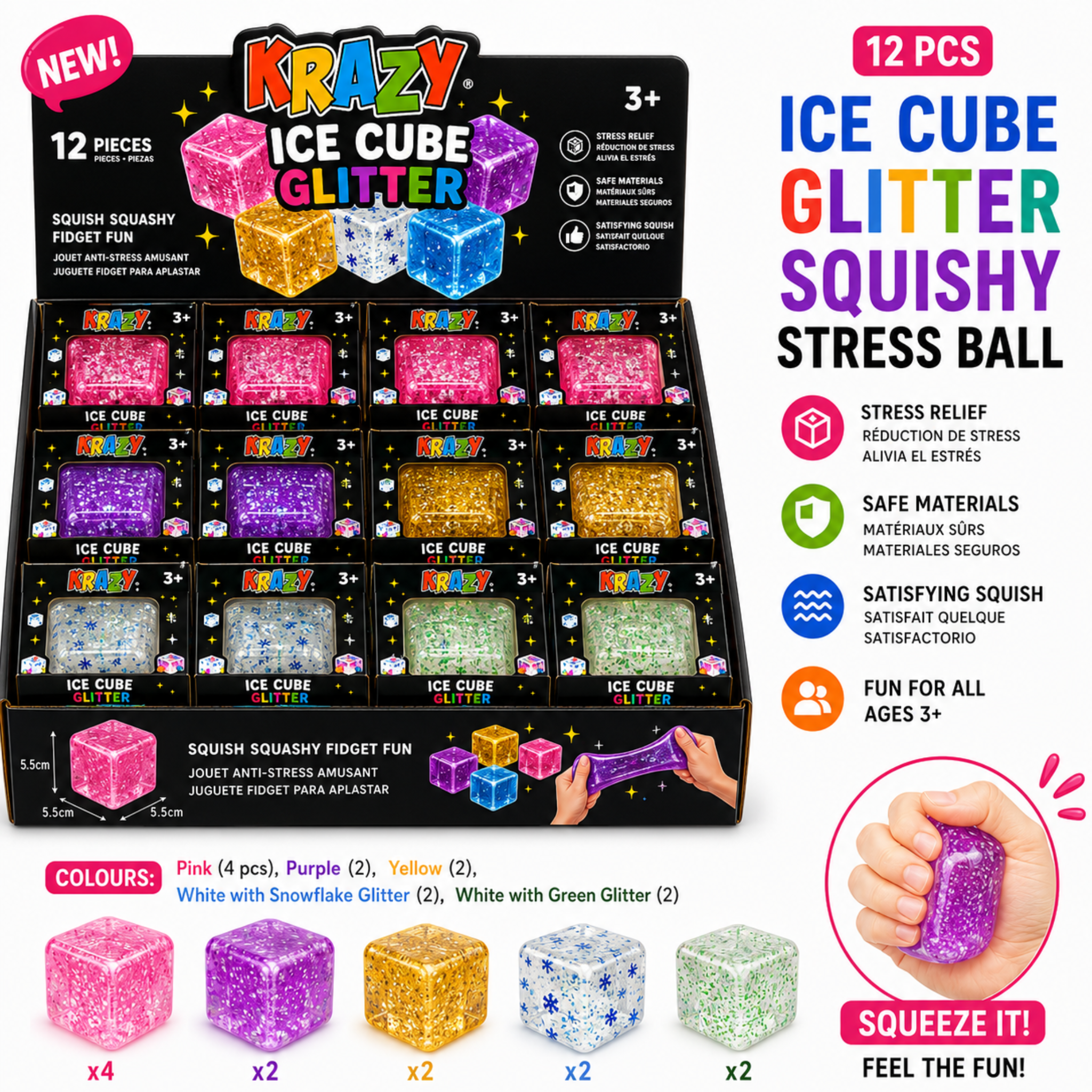 Krazy Ice Cube Glitter Squishy Stress Ball, Soft Stretch Fidget Toy, 12 Piece Display Box