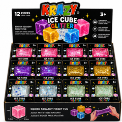 Krazy Ice Cube Glitter Squishy Stress Ball, Soft Stretch Fidget Toy, 12 Piece Display Box