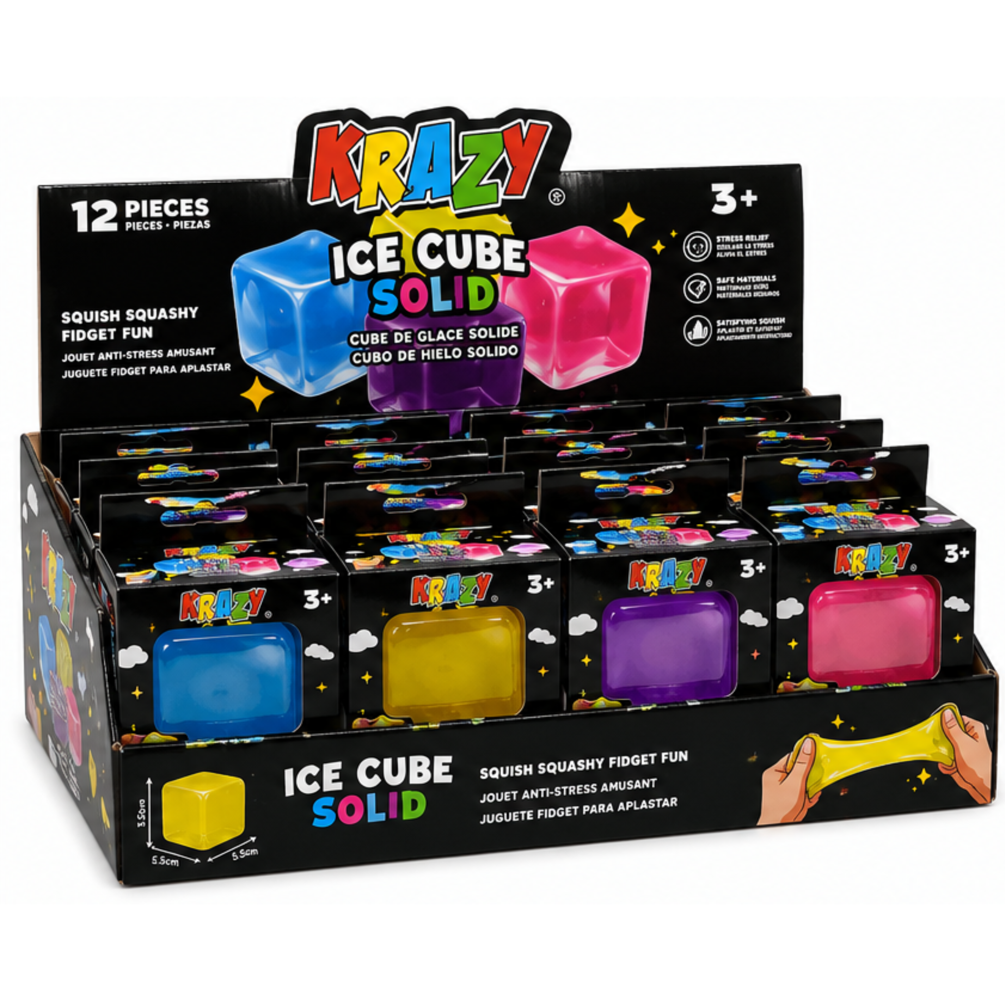 Krazy Ice Cube Solid Squishy Stress Ball, Soft Stretch Fidget Toy, 12 Piece Display Box