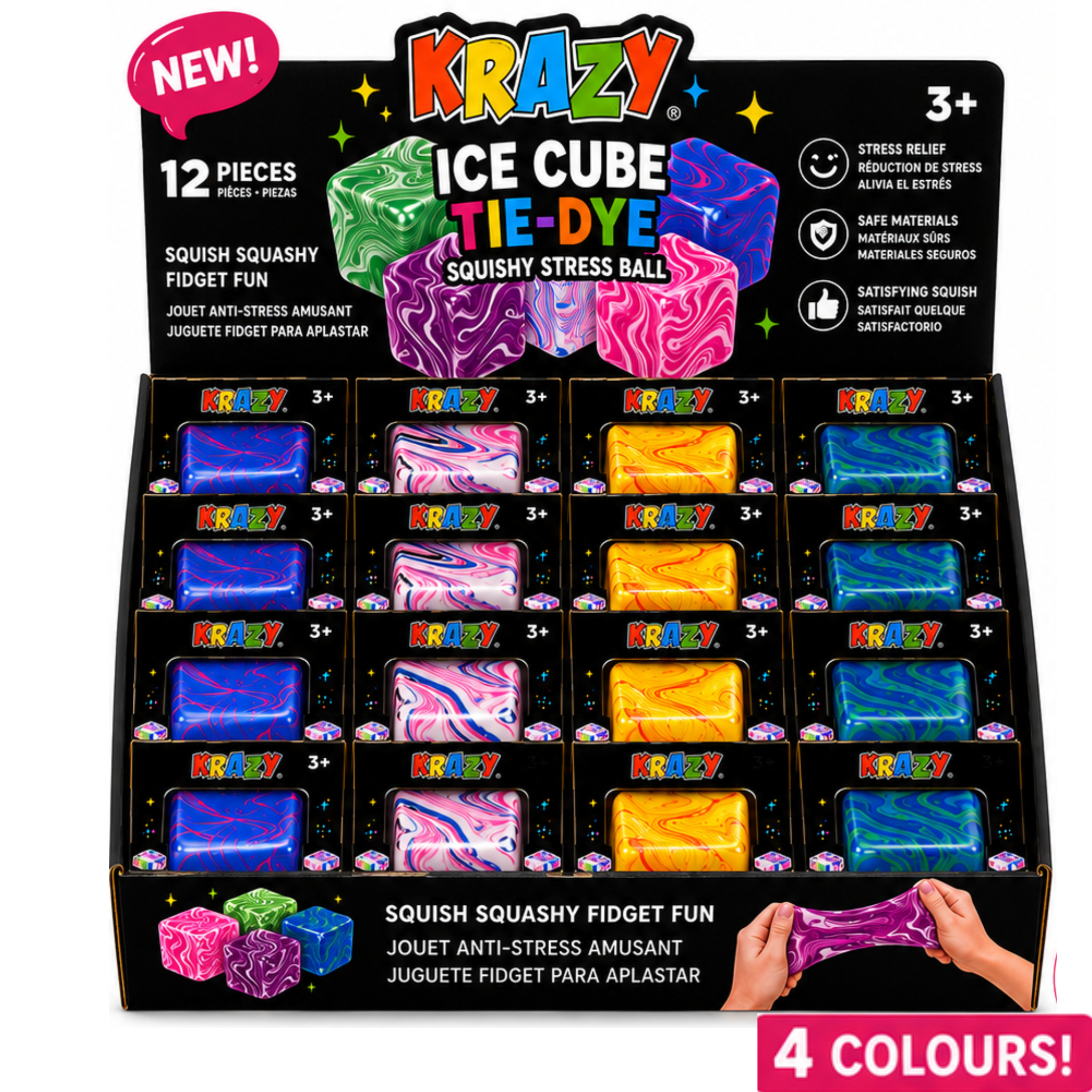 Krazy Ice Cube Tie-Dye Squishy Stress Ball, Marble Swirl Fidget Toy, 12 Piece Display Box