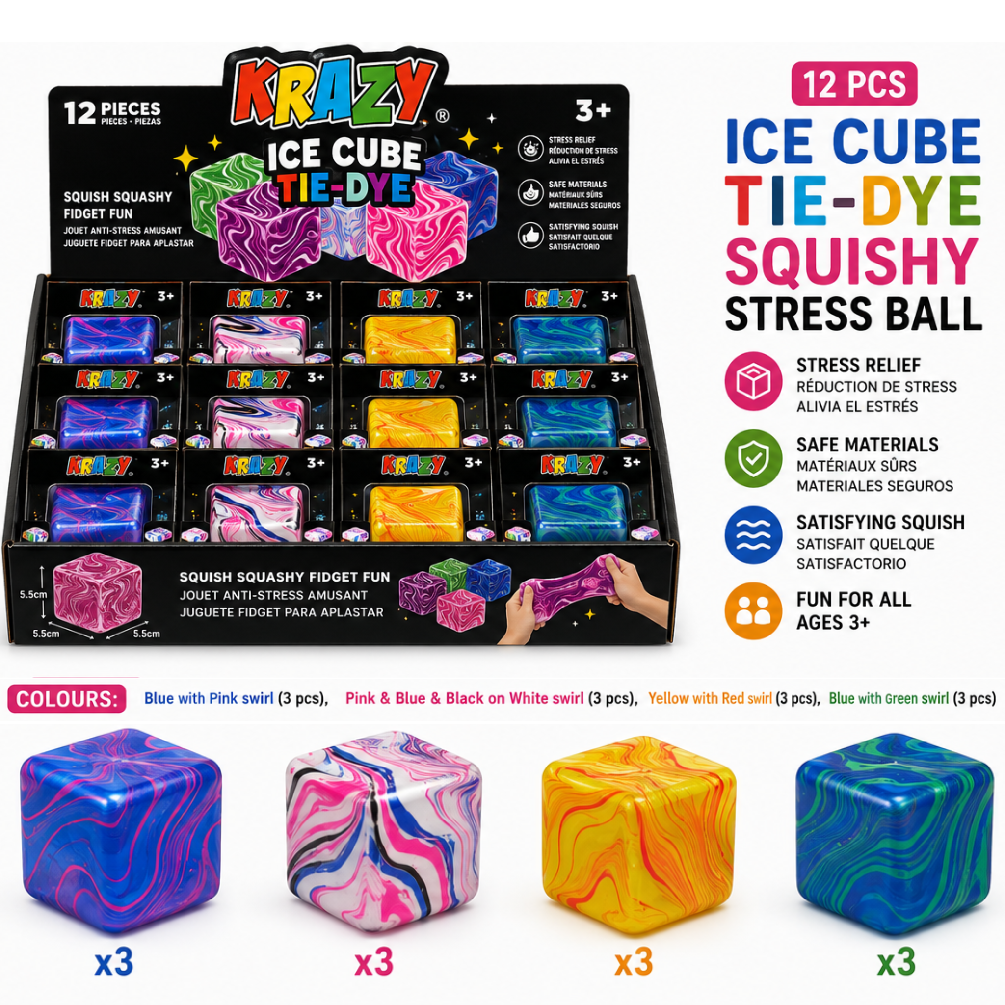Krazy Ice Cube Tie-Dye Squishy Stress Ball, Marble Swirl Fidget Toy, 12 Piece Display Box