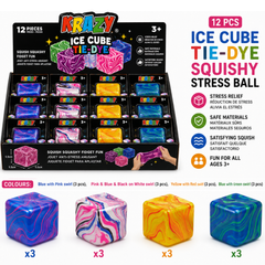 Krazy Ice Cube Tie-Dye Squishy Stress Ball, Marble Swirl Fidget Toy, 12 Piece Display Box