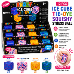 Krazy Ice Cube Tie-Dye Squishy Stress Ball, Marble Swirl Fidget Toy, 12 Piece Display Box