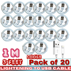 Lightning to USB-A Charging Cable – 3FT (1M) Fast Charge & Sync – Loose Pack of 20