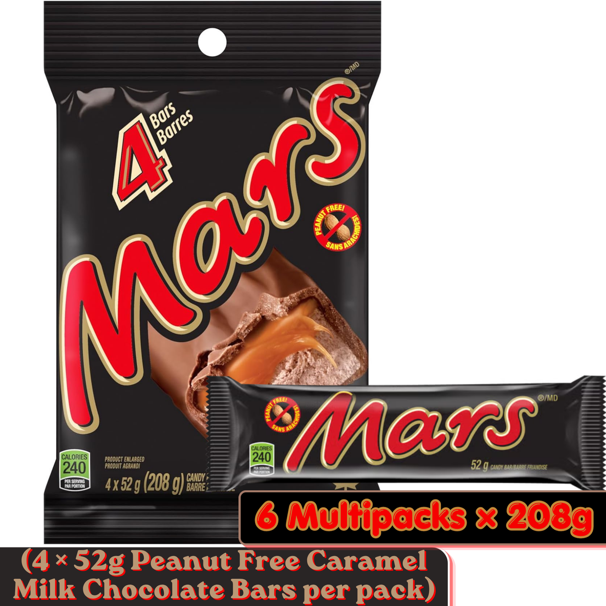 Mars Peanut Free Caramel Milk Chocolate Bars — Pack of 6 × 208g Multipacks (4 × 52g Bars per pack)