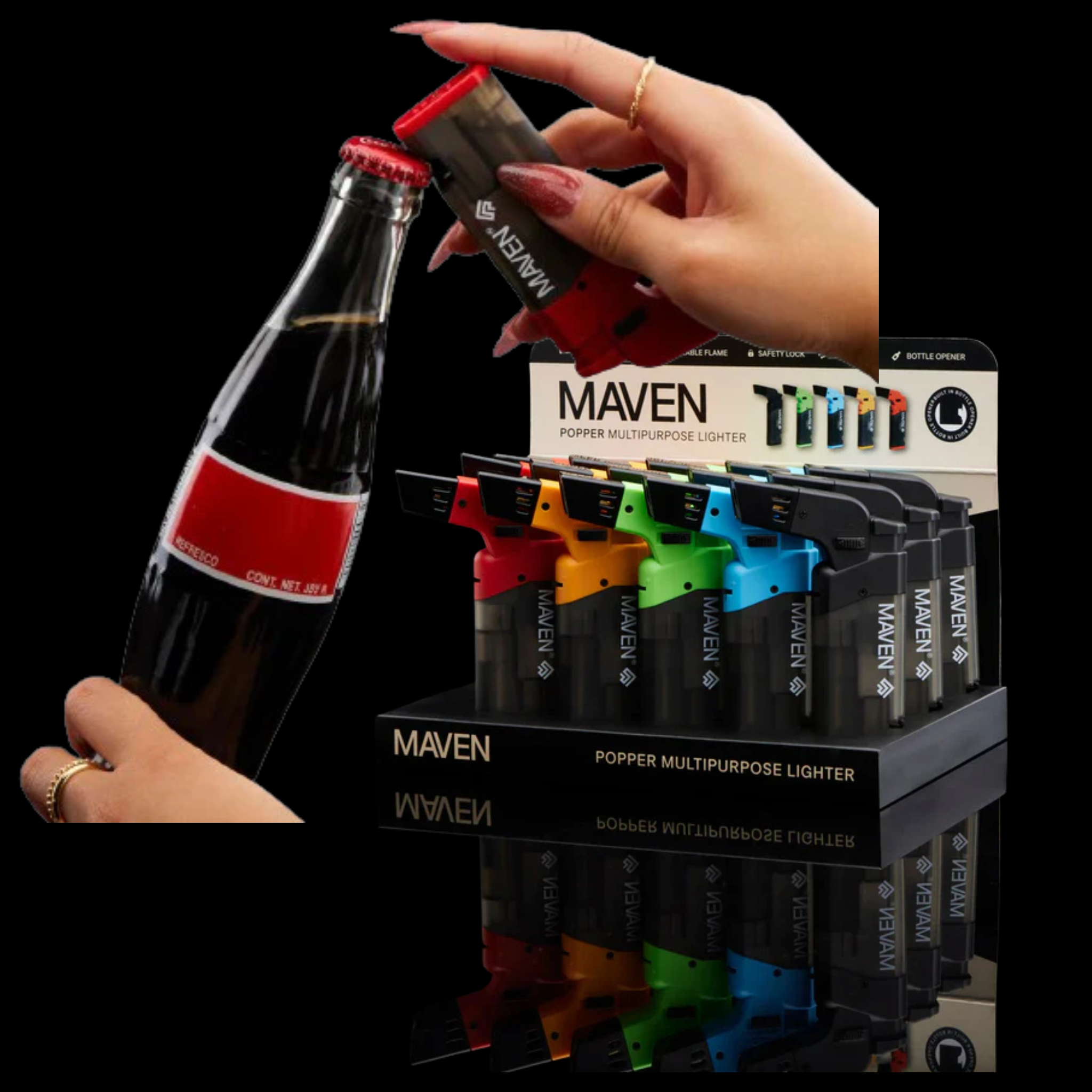 Full display of Maven Popper Pocket Torch Lighters – 15-count box with assorted colors and built-in bottle opener