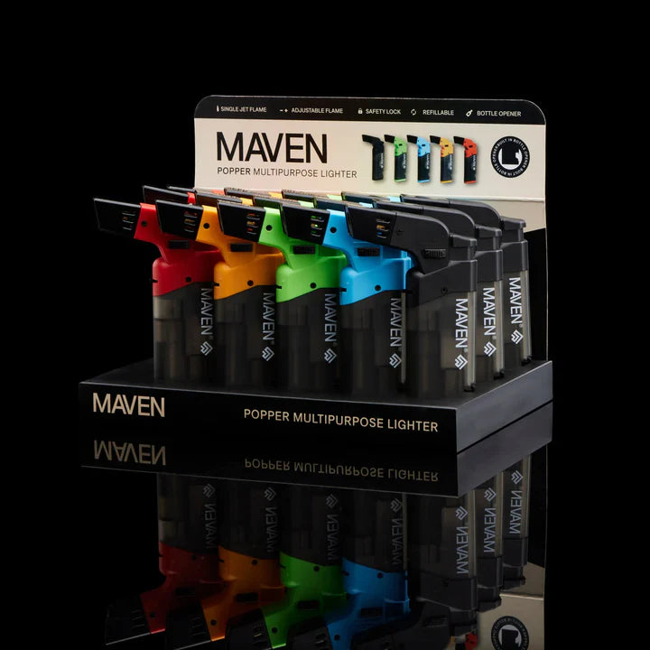 Full display of Maven Popper Pocket Torch Lighters – 15-count box with assorted colors and built-in bottle opener
