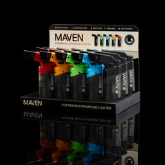 Full display of Maven Popper Pocket Torch Lighters – 15-count box with assorted colors and built-in bottle opener