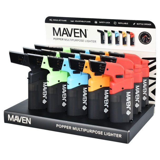 Display of Maven popper multipurpose lighters in various colors with packaging.