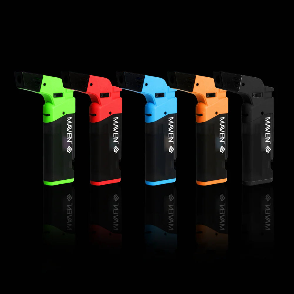 Maven Popper Torch Lighters in assorted colors – red, green, black, blue, and orange shown together