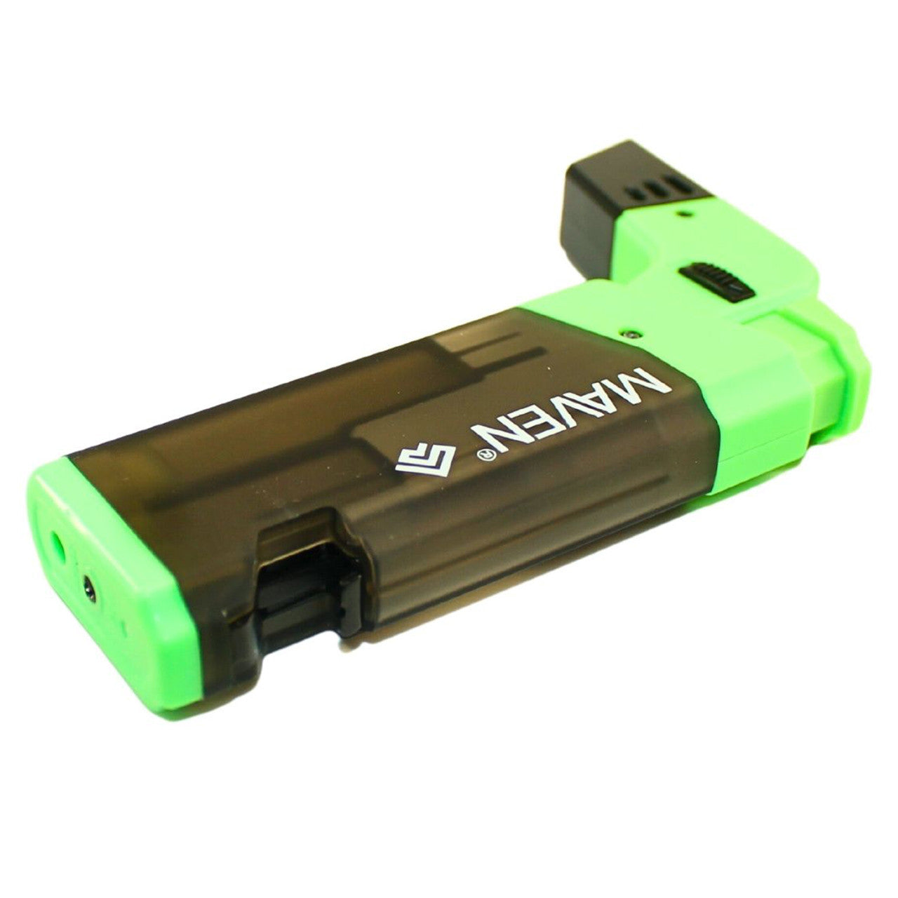 Green colored Maven Popper torch lighter featuring windproof jet flame and opener tool