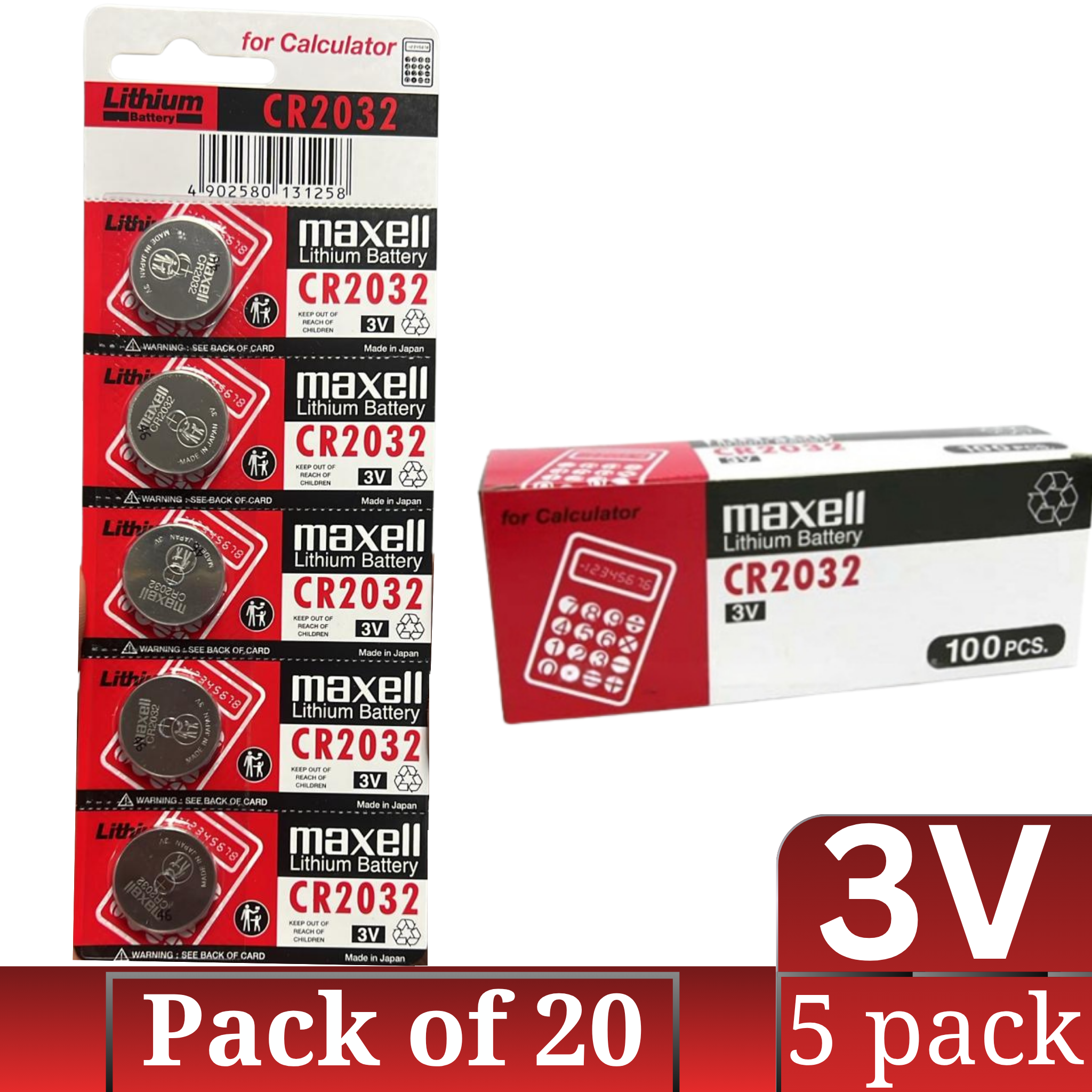 Maxell CR2032 3V Lithium Button Battery Bulk Pack 5-Count × 20 (100 pcs)
