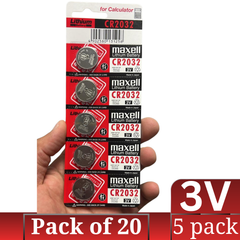 Maxell CR2032 3V Lithium Button Battery Bulk Pack 5-Count × 20 (100 pcs)