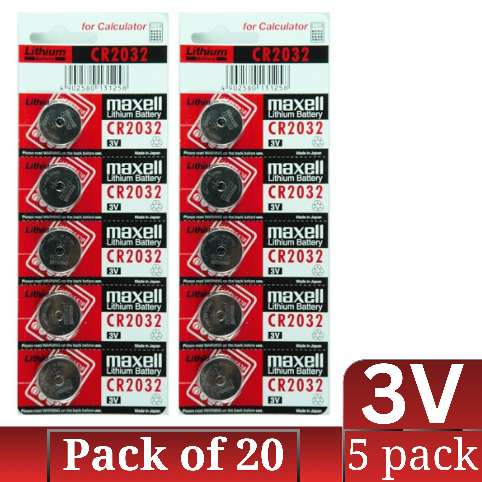 Maxell CR2032 3V Lithium Button Battery Bulk Pack 5-Count × 20 (100 pcs)
