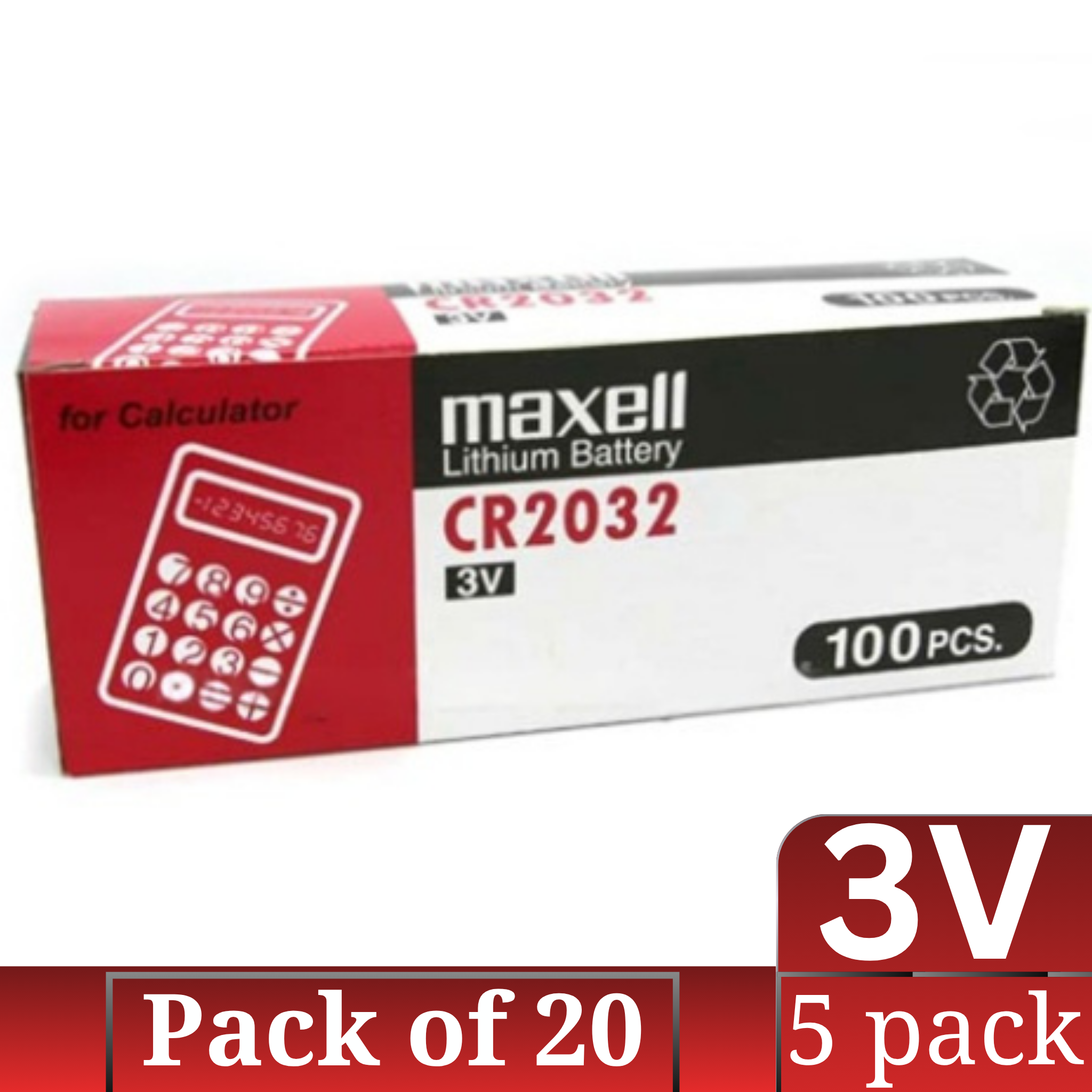 Maxell CR2032 3V Lithium Button Battery Bulk Pack 5-Count × 20 (100 pcs)