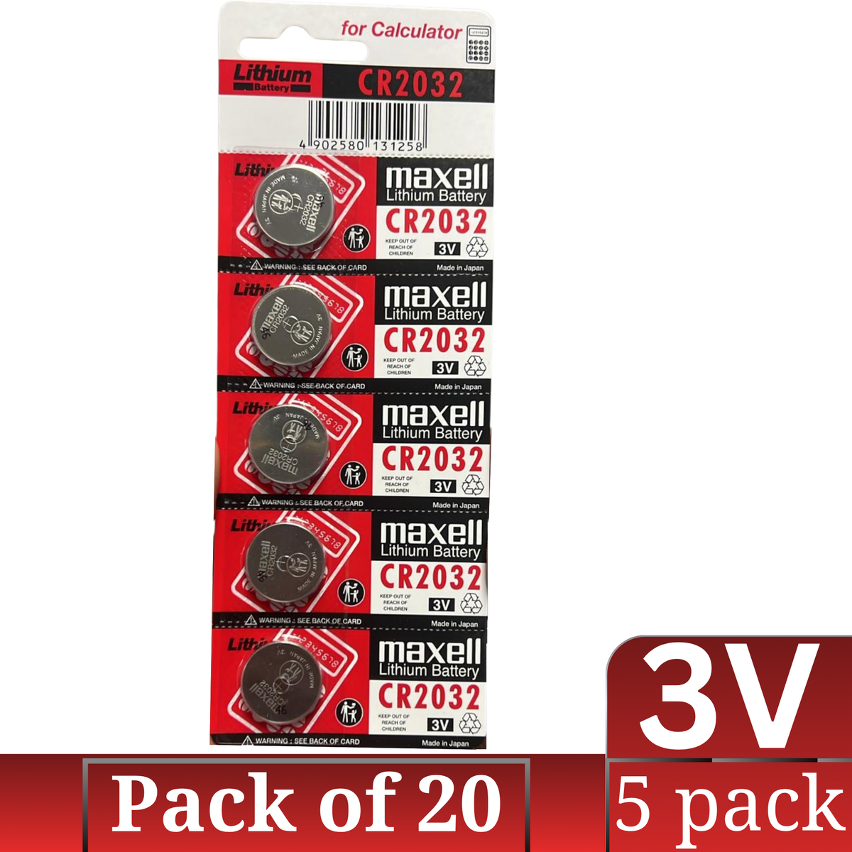 Maxell CR2032 3V Lithium Button Battery Bulk Pack 5-Count × 20 (100 pcs)
