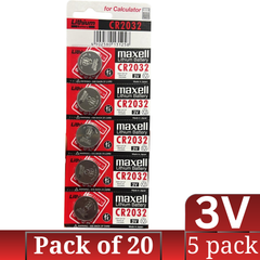 Maxell CR2032 3V Lithium Button Battery Bulk Pack 5-Count × 20 (100 pcs)
