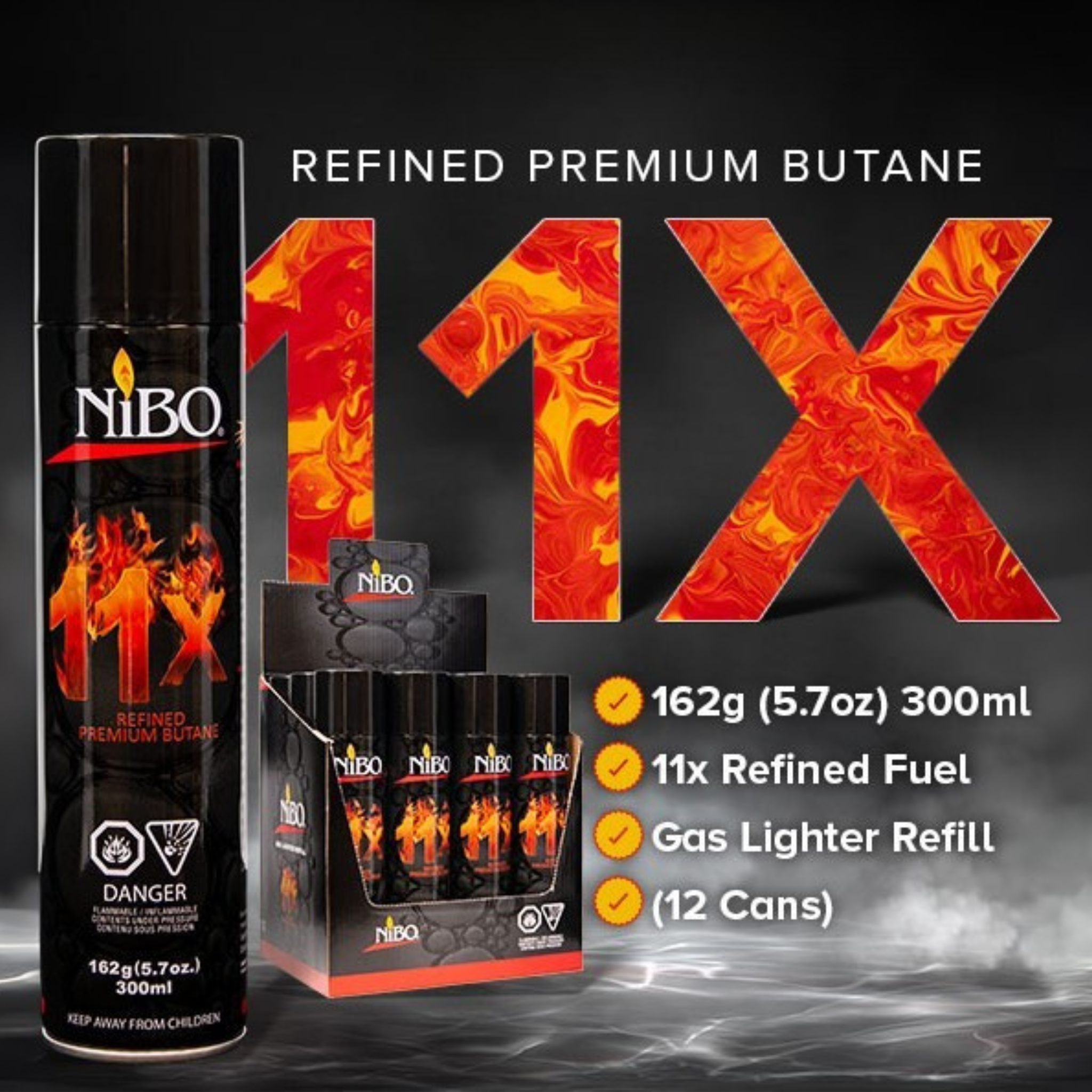 NiBO Premium Butane product flyer with detailed key features, benefits, and usage instructions, highlighting ultra-pure fuel and professional-grade quality