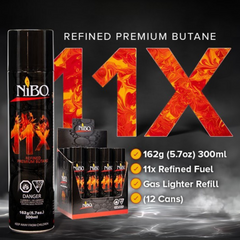 NiBO Premium Butane product flyer with detailed key features, benefits, and usage instructions, highlighting ultra-pure fuel and professional-grade quality