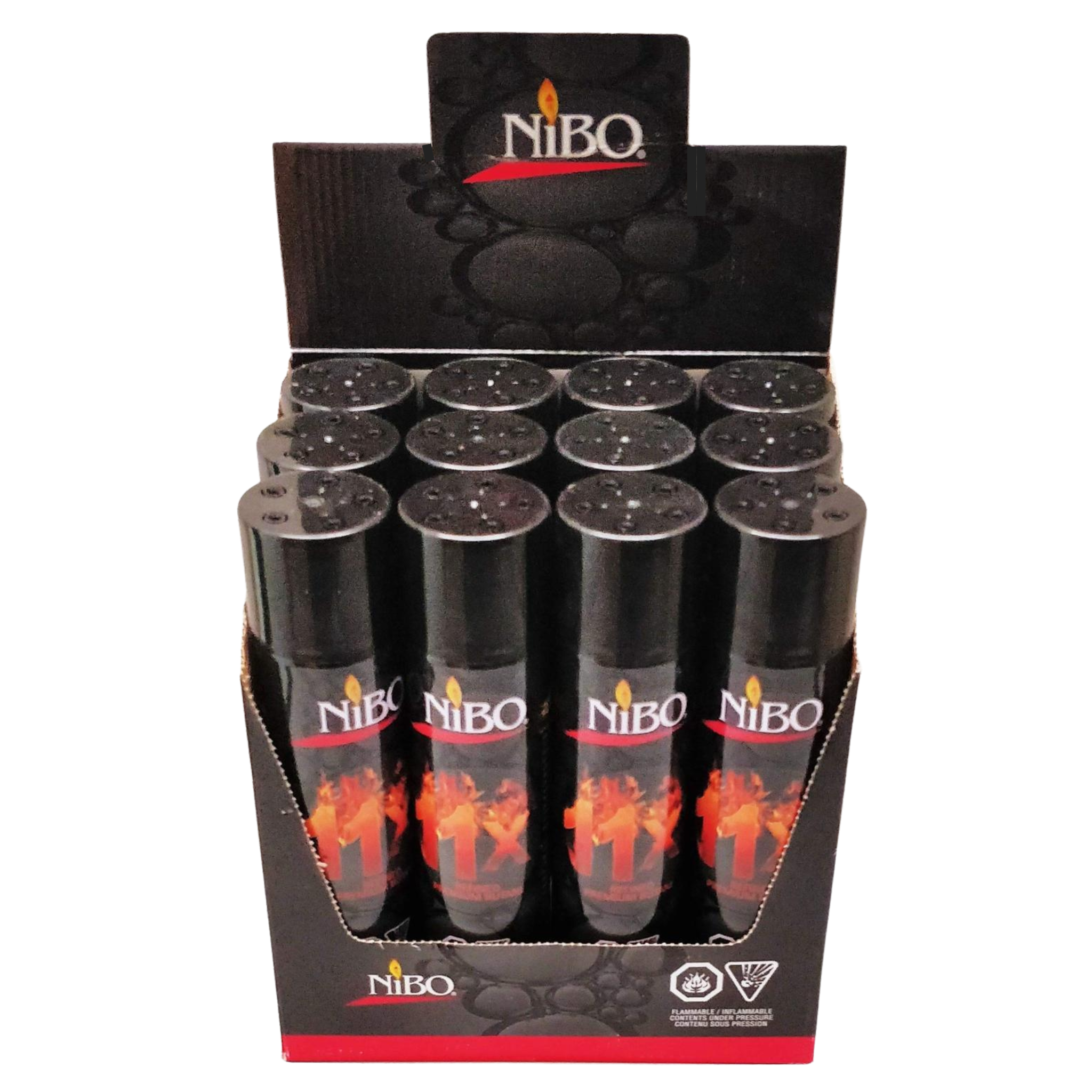 Display box of NiBO 11x Refined Premium Butane 300ml – Box of 12 Ultra-Pure Lighter Fuel