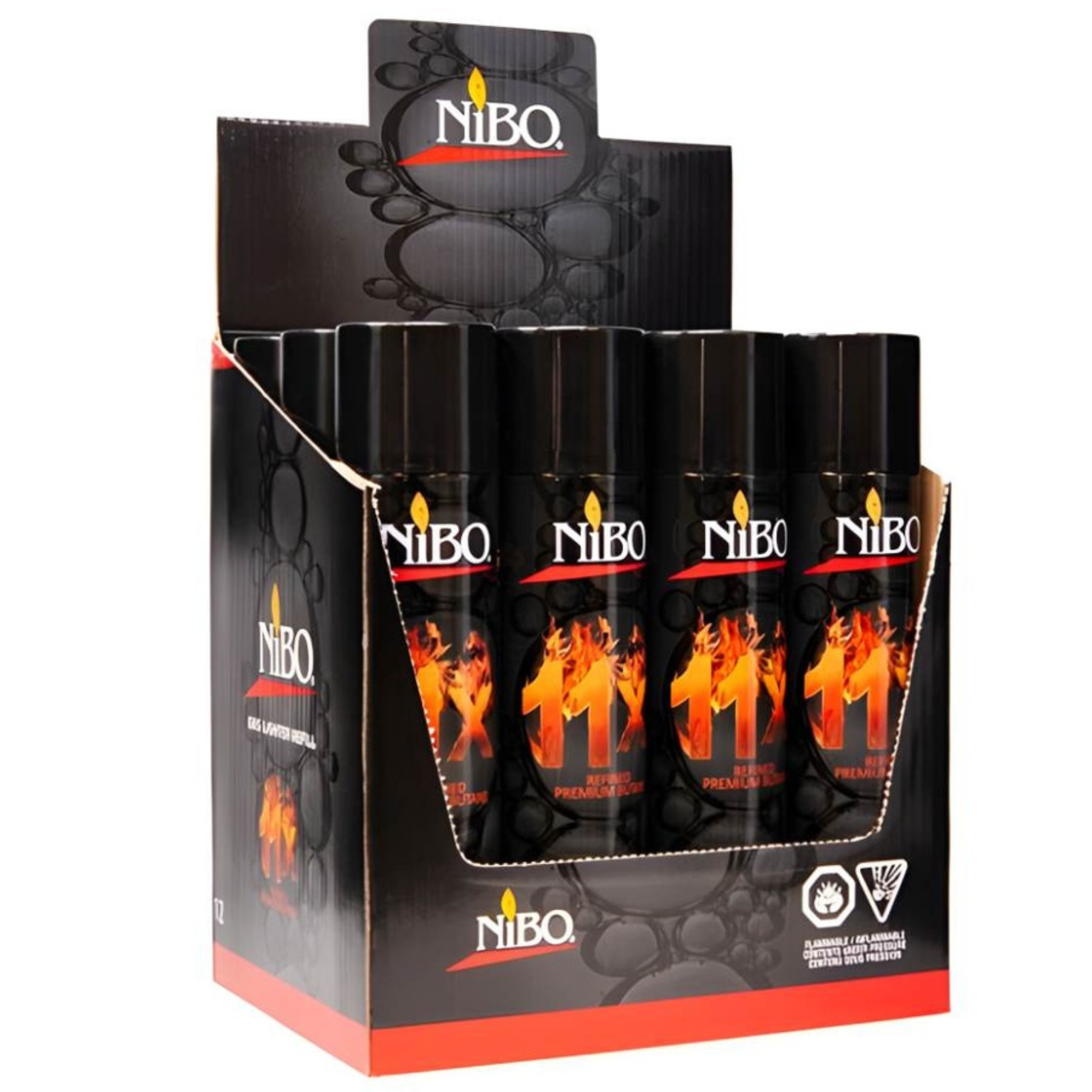 NiBO 11× Refined Butane 12-pack display box shown from left angle, showcasing premium packaging and bulk value for retailers.