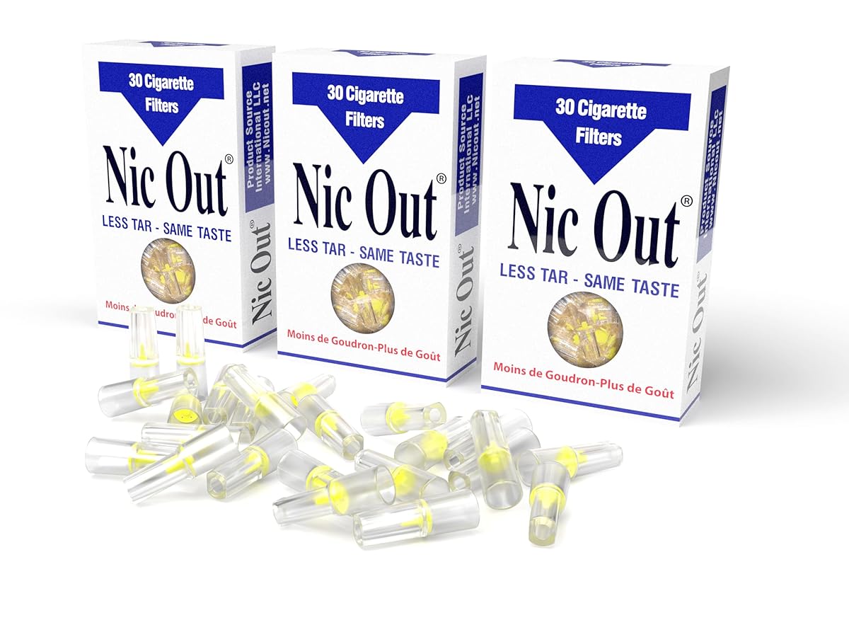 Three boxes of Nic Out cigarette filters with filters displayed in front on a white background.