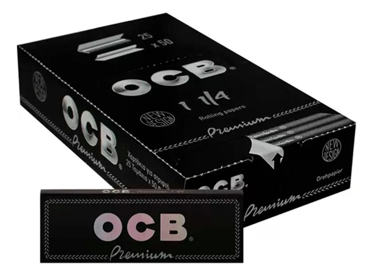 OCB Premium Black Rolling Papers 1¼ – Factory-sealed box containing 25 packs of premium rolling papers