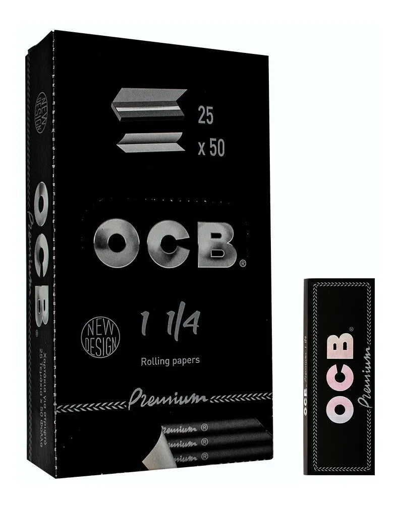 OCB Premium Black Rolling Papers 1¼ – Factory-sealed box containing 25 packs of premium rolling papers