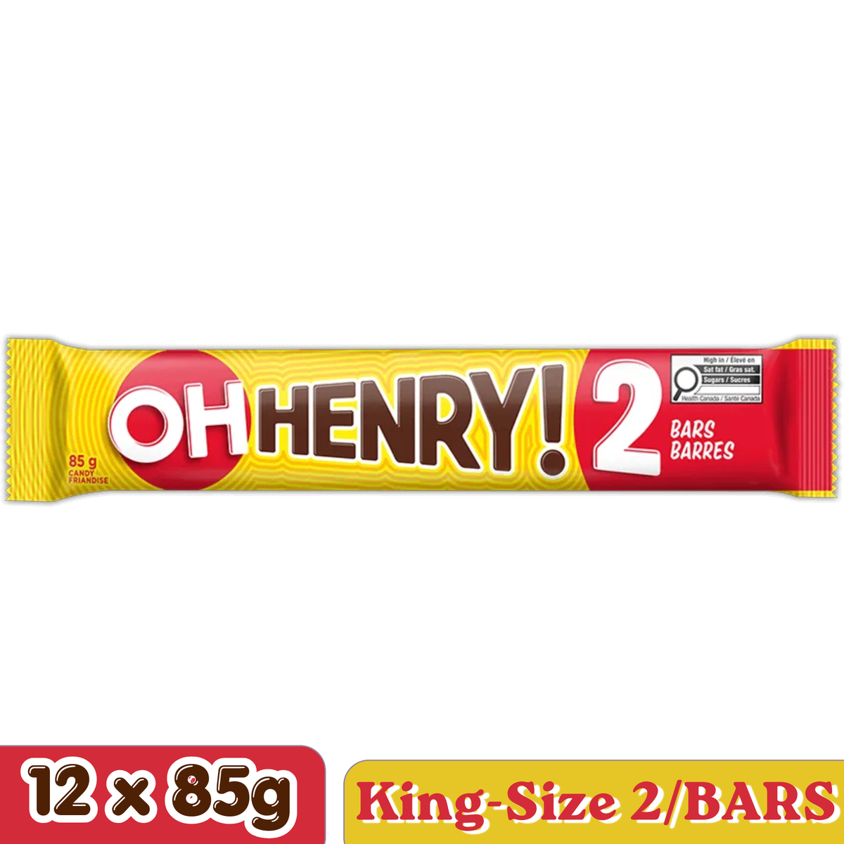 Oh Henry! King Size Peanut Caramel Fudge Milk Chocolate Bars — Pack of 12 × 85g (2 Bars per pack)