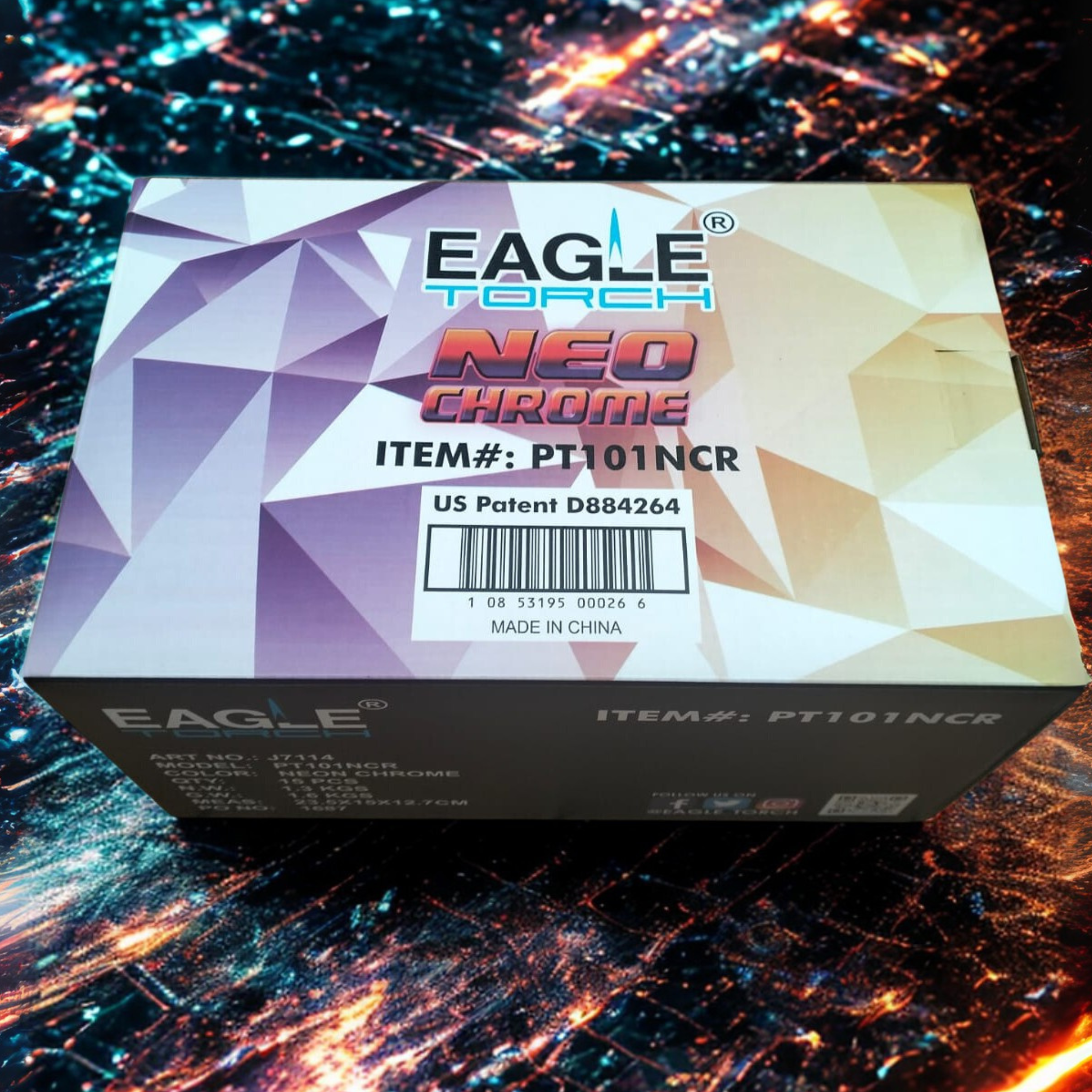 Top view of Eagle Torch PT101NCR 15-count display box with assorted neo-chrome torch lighters