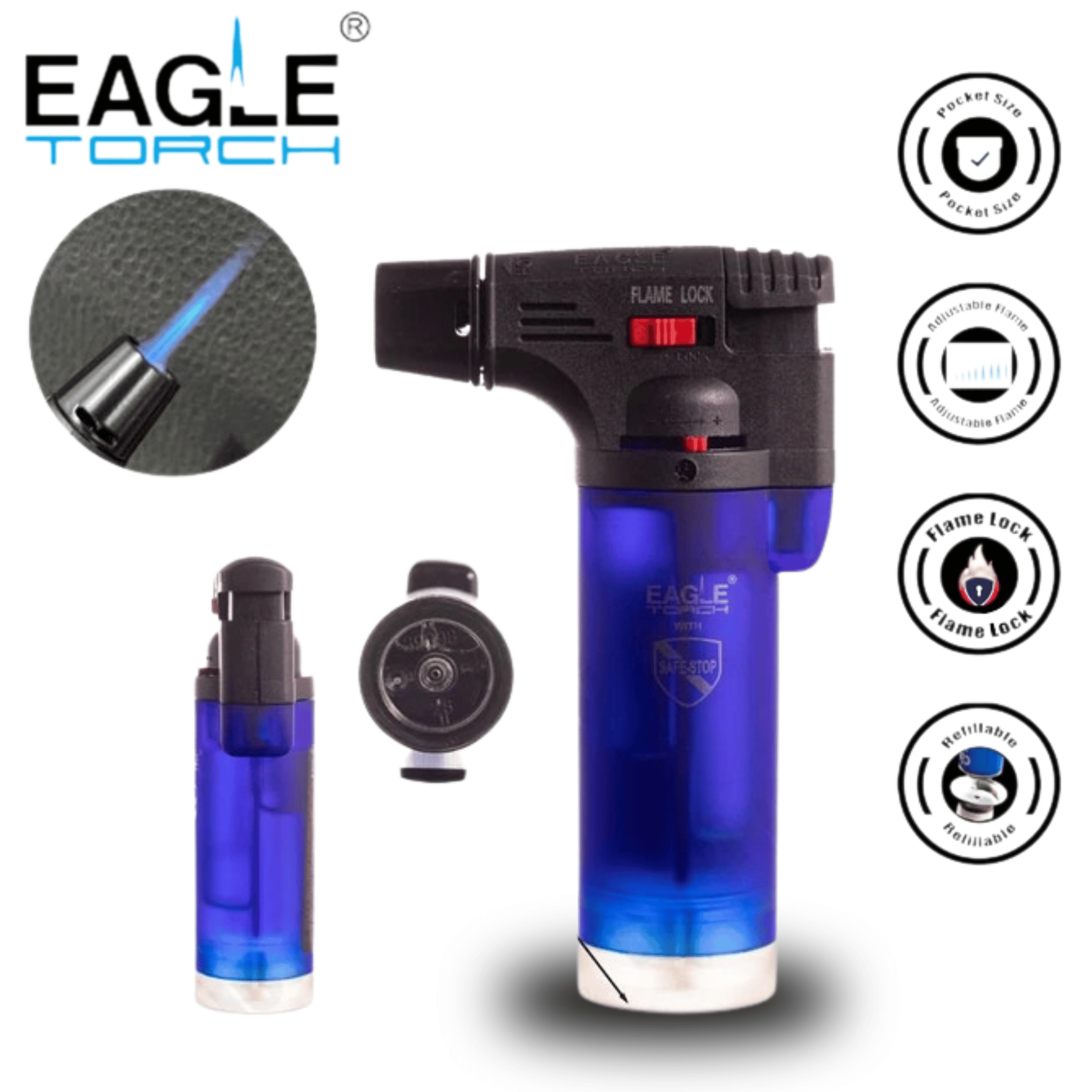 Eagle Torch PT101U – Medium Transparent Torch Gun Lighter – Butane Refillable – 15ct Wholesale Display Box