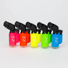 All five vibrant Neon-colored Eagle Torch mini torch lighters standing upright in a row – refillable, windproof, flip cap torch lighters available in Blue, Orange, Yellow, Green, and Pink with 4 lighter shades per color for retail and wholesale display.