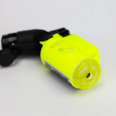 Close-up bottom view of Eagle Torch NEON PT116BN mini torch lighter showing the butane refill port with vibrant neon finish.