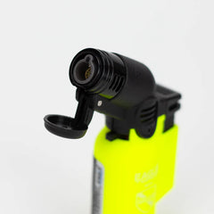 Side close-up of Eagle Torch NEON PT116BN mini torch lighter with flip cap open, showcasing vibrant neon color, windproof jet flame nozzle, and ignition safety structure.