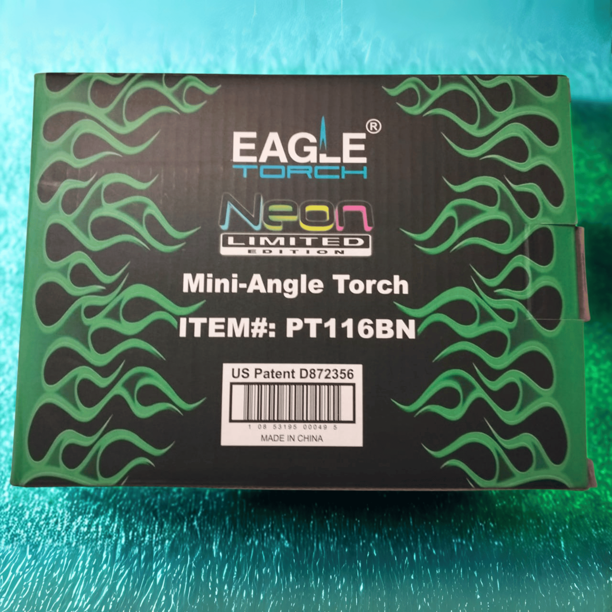 Top view of EAGLE Neon Torch box with flame design and NEON Mini-Angle Torch branding.