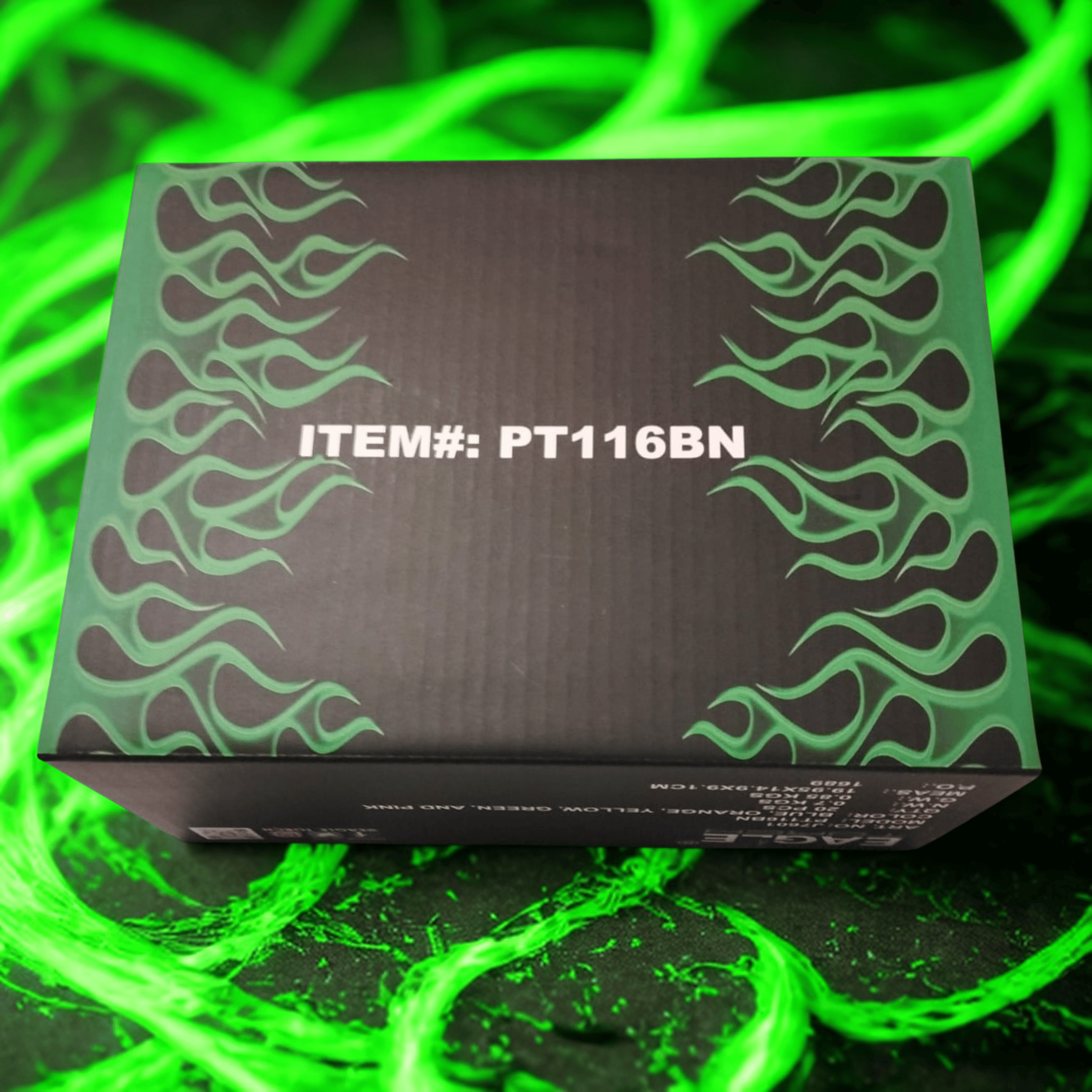 Side view of EAGLE torch box with ITEM# PT116BN and green flame line design.