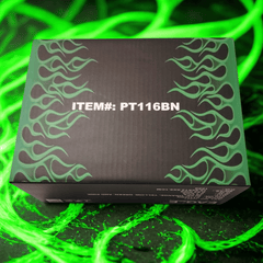 Side view of EAGLE torch box with ITEM# PT116BN and green flame line design.