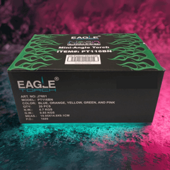 Front of EAGLE Neon Mini-Angle Torch box showing model PT116BN, product details, and color options.