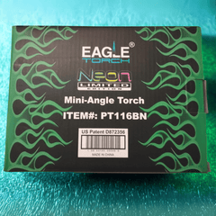 Top view of EAGLE Neon Torch box with flame design and NEON Mini-Angle Torch branding.