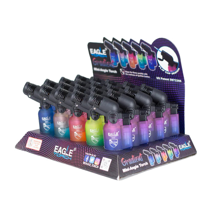 Side view of Eagle Torch PT116G – 20-count refillable gradient mini torch lighters with jet flame in assorted colors.