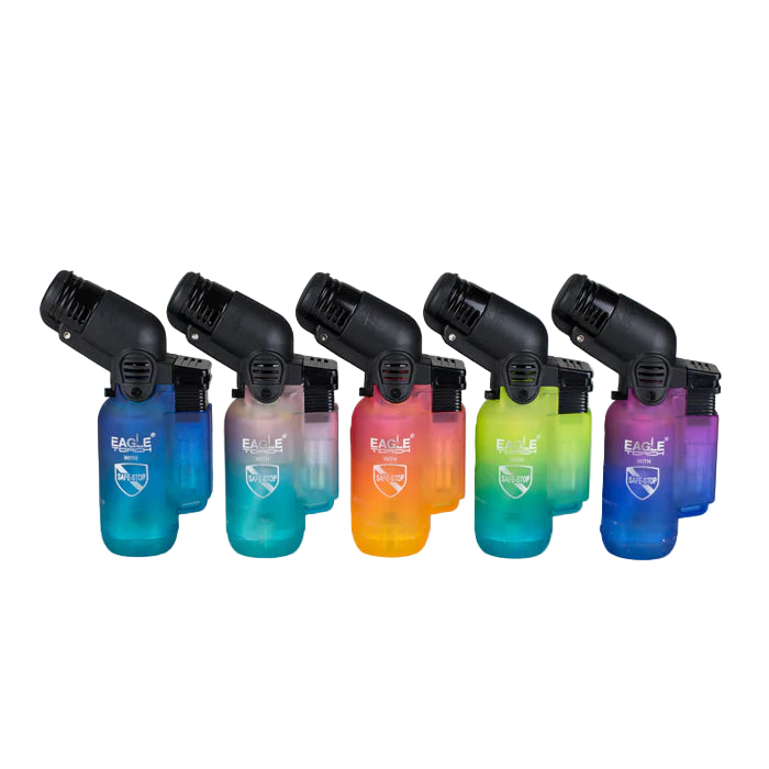 All five Eagle Torch PT116G lighters in gradient colors (Cyan/Blue, Pink/Blue, Pink/Orange, Yellow/Blue, Magenta/Blue) standing upright.