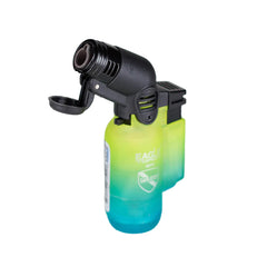 Eagle Torch PT116G Yellow/Blue gradient lighter with cap open, showing ignition area and nozzle design.