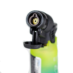 Close-up of Eagle Torch PT116G Yellow/Blue lighter nozzle showing dual-layer safety design and precision flame outlet.