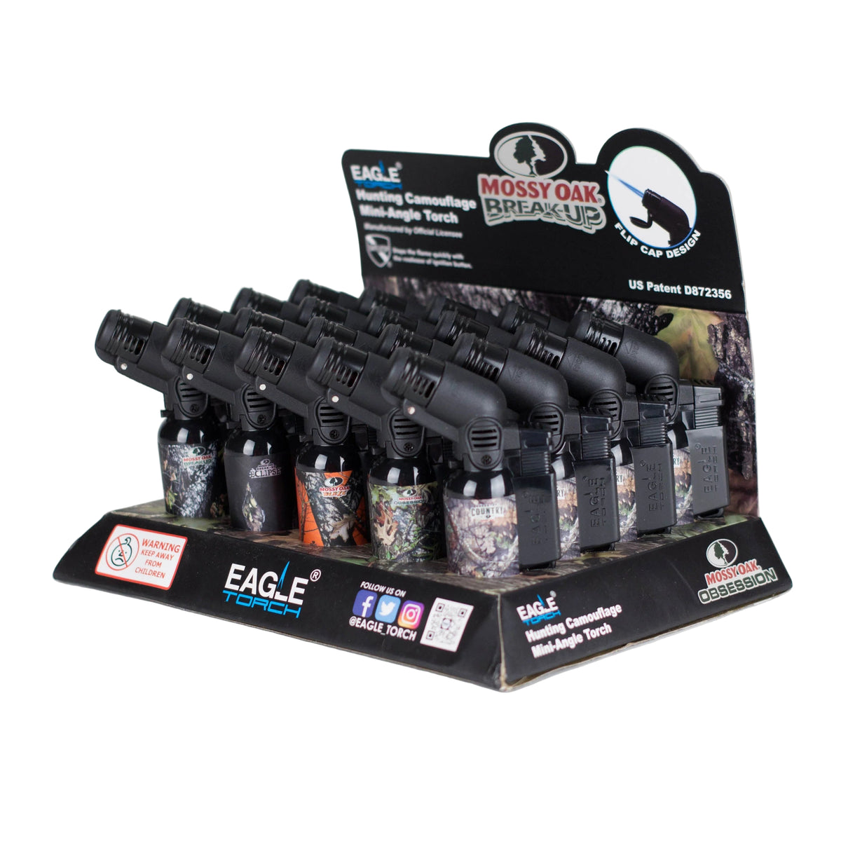 Side view of Eagle Torch PT116MOK – MOSSY OAK Mini-Angle Torch Lighter – Flip Cap – 20 Count Display Box – Windproof Flame