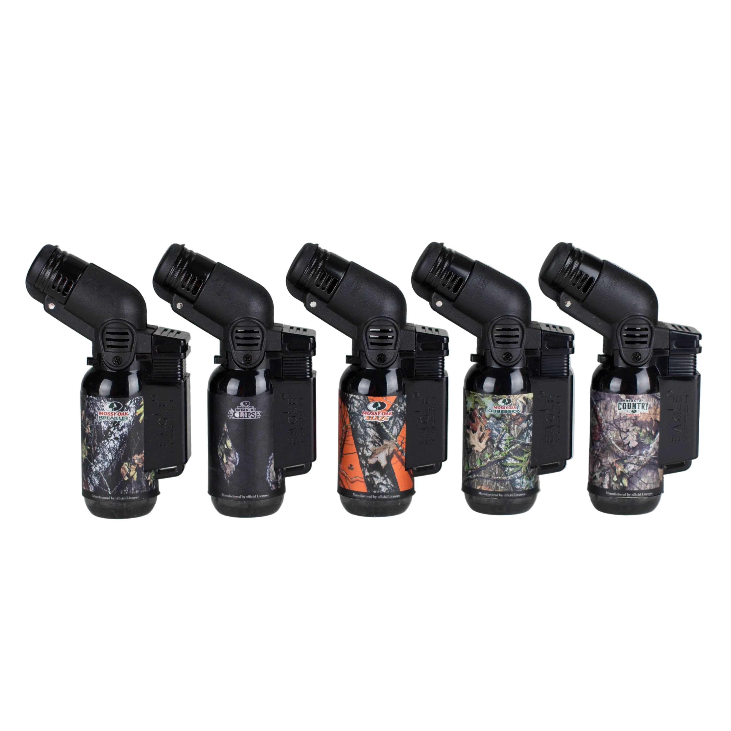 All five Mossy Oak camo designs of Eagle Torch PT116MOK mini torch lighters standing upright in a row – refillable, windproof, flip cap torch lighters for retail and wholesale display.