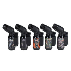 All five Mossy Oak camo designs of Eagle Torch PT116MOK mini torch lighters standing upright in a row – refillable, windproof, flip cap torch lighters for retail and wholesale display.